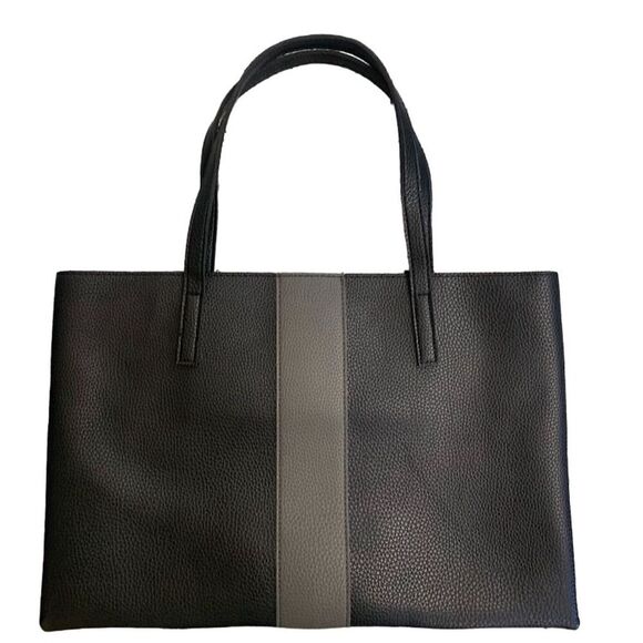 Vince Camuto Vegan Leather Tote Bag Black Gray Stripe Double Handles Casual - Picture 6 of 7